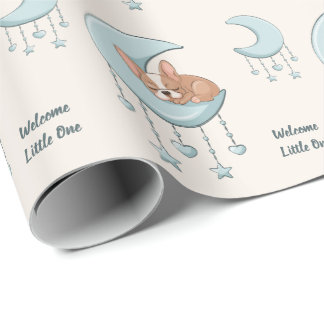 Fransk Bulldog på månen Blå Baby Pojke Babyfirande Presentpapper
