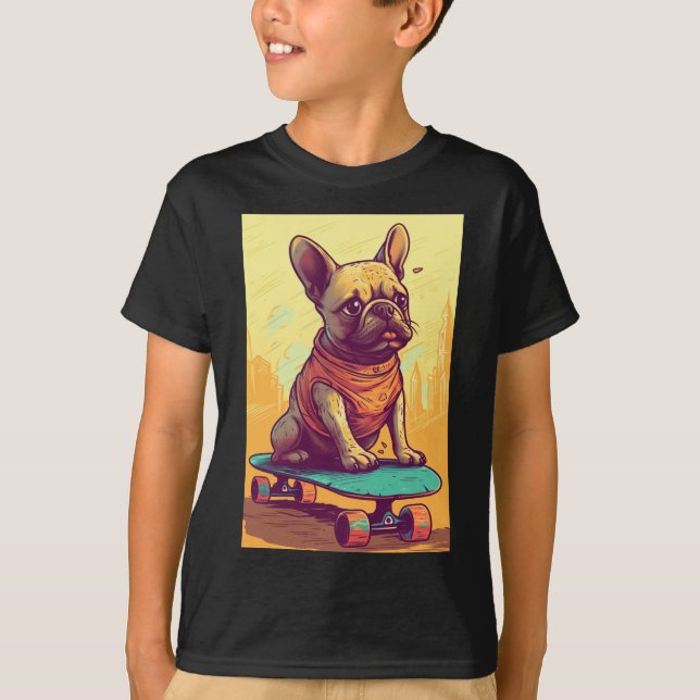 Fransk Bulldog på Skateboard T Shirt (Framsida)
