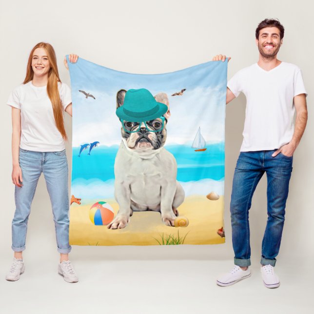 Fransk Bulldog på Strand Fleecefilt (På plats)