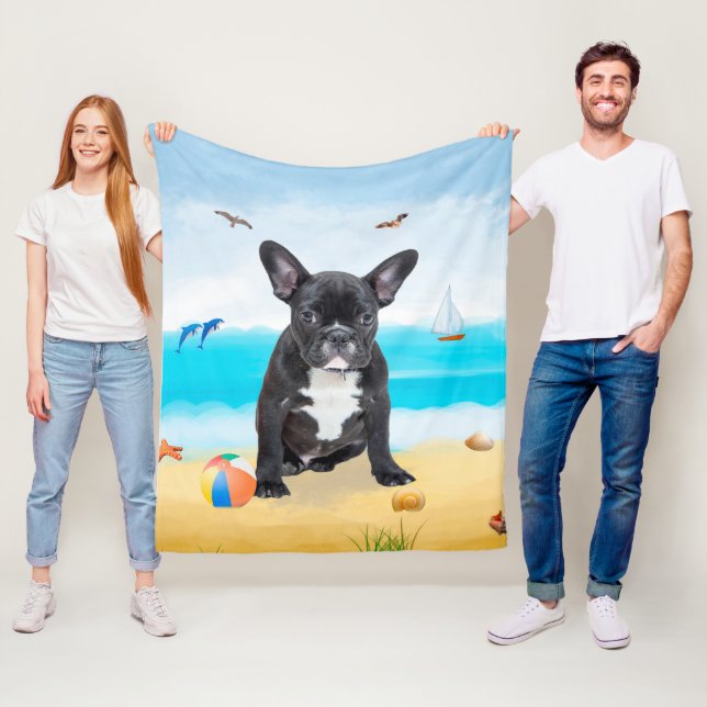 Fransk Bulldog på Strand Fleecefilt (På plats)