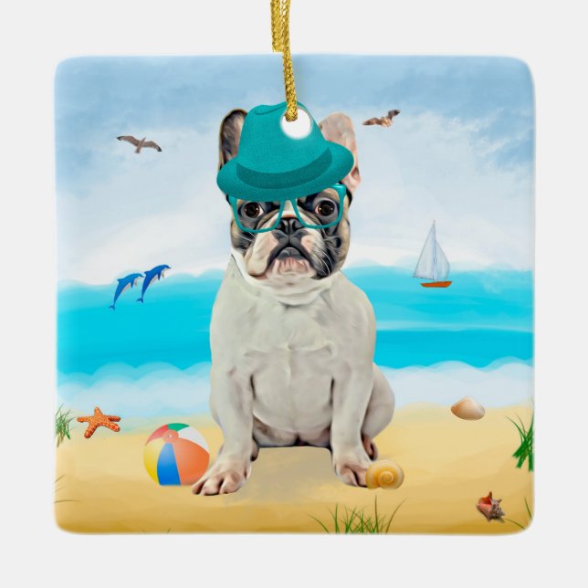 Fransk Bulldog på Strand Julgransprydnad Keramik (Framsida)