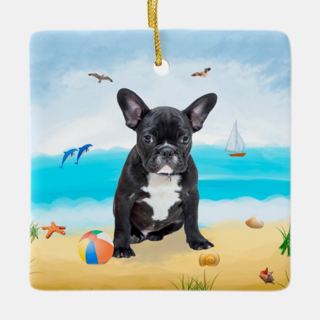 Fransk Bulldog på Strand Julgransprydnad Keramik (Framsida)