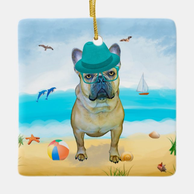 Fransk Bulldog på Strand Julgransprydnad Keramik (Framsida)
