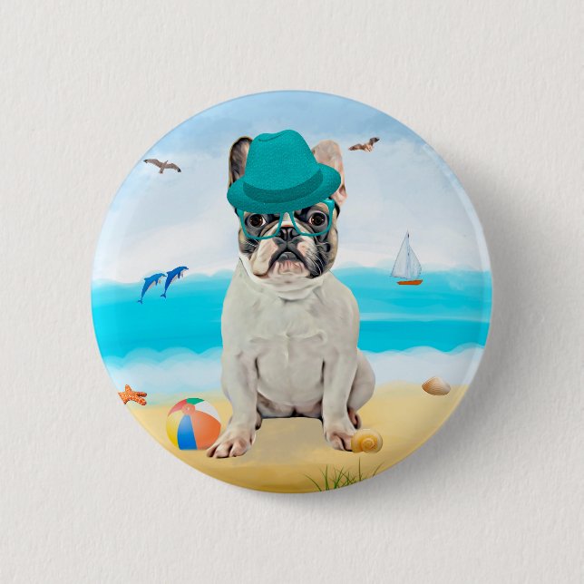 Fransk Bulldog på Strand Knapp (Framsida)