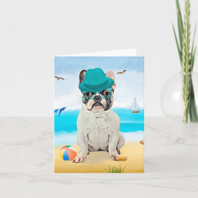 Fransk Bulldog på Strand Kort (Framsida)