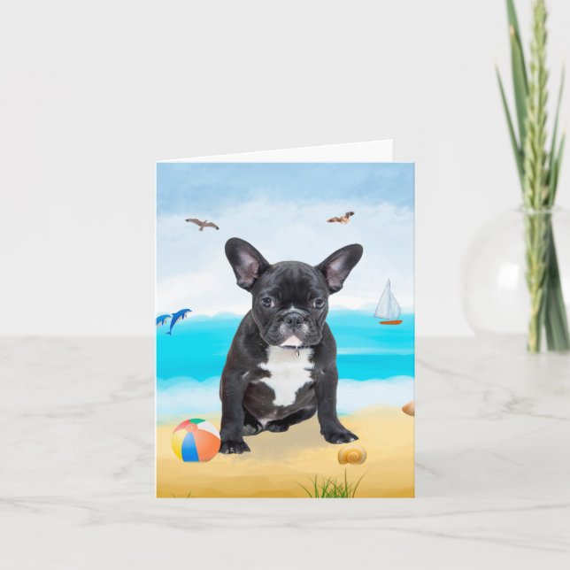 Fransk Bulldog på Strand Kort (Framsida)