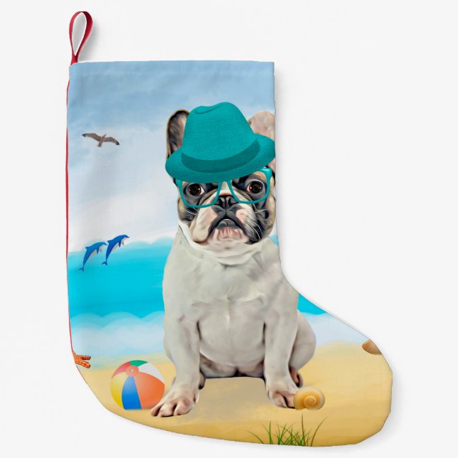 Fransk Bulldog på Strand Liten Julstrumpa (Framsidan)