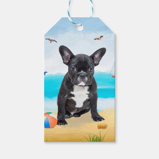 Fransk Bulldog på Strand Presentetikett (Framsidan)