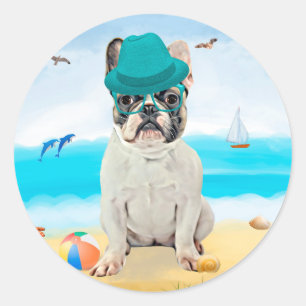 Fransk Bulldog på Strand Runt Klistermärke