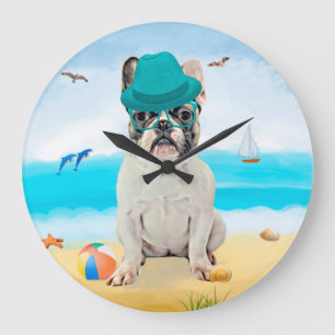 Fransk Bulldog på Strand Stor Klocka