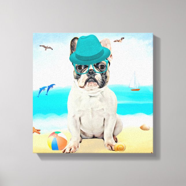 Fransk Bulldog på stranden Canvastryck (Framsida)