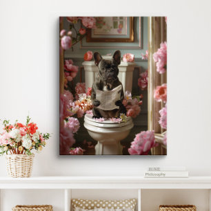 Fransk Bulldog på Toalett Frenchie Art Badrum Canvastryck