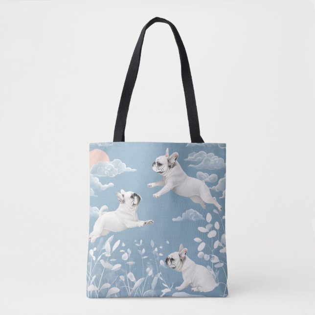 Fransk Bulldog Pastel Färg White Flowers Tygkasse (Framsida)