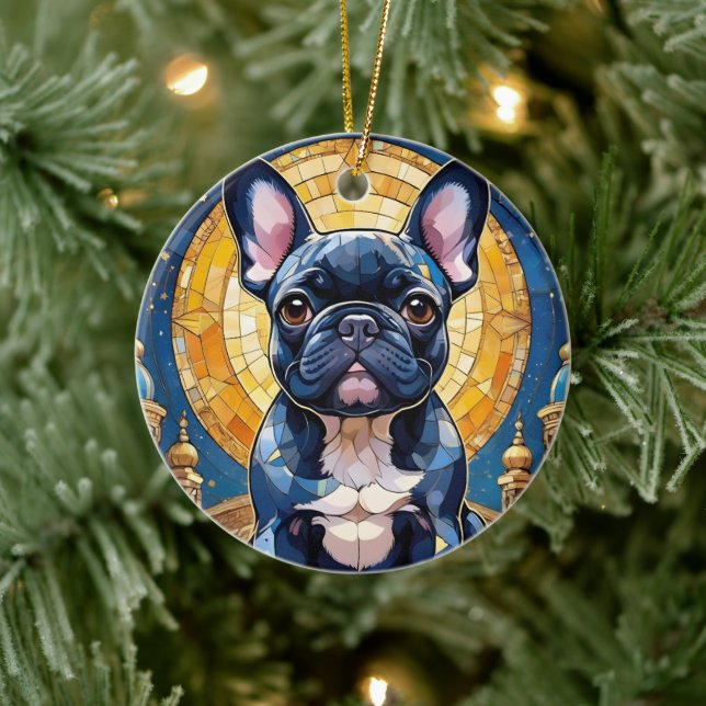 Fransk Bulldog Pastel Stached Glass Måne Natten Hi Julgransprydnad Keramik (Träd)