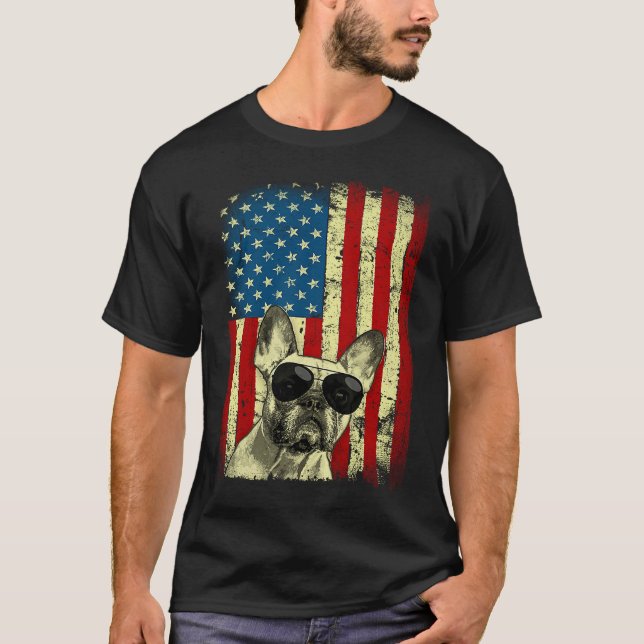 Fransk Bulldog Patriotic USA flagga för Frenchie O T Shirt (Framsida)