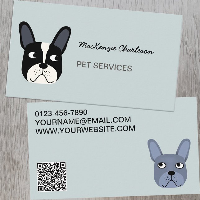 Fransk Bulldog Pet Services QR-kod Visitkort (Dog French Bulldock animal pet dog business cards with QR code)