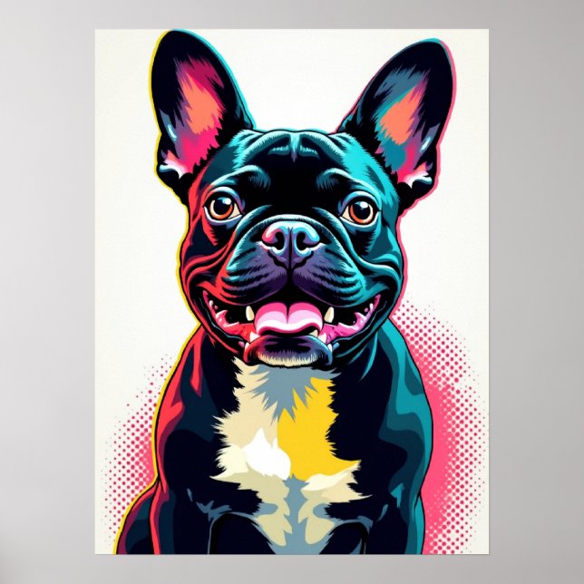Fransk Bulldog Pop Art-fet Retro Tecknad Stil Poster (Framsidan)