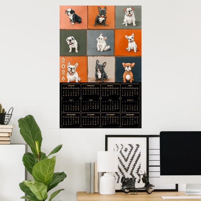 Fransk Bulldog Porträtt Grid med 2026 Kalender Poster (Hemmakontoret)