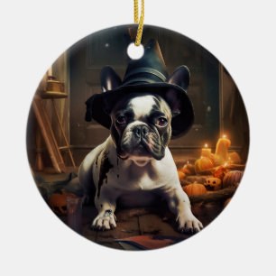 Fransk Bulldog Pumpa Halloween Skräckinjagande Julgransprydnad Keramik