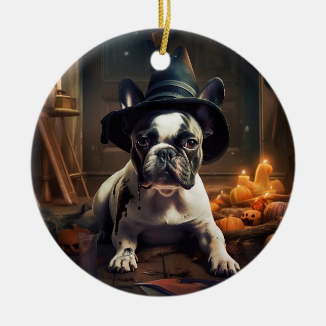 Fransk Bulldog Pumpkins Halloween Scary Julgransprydnad Keramik (Framsidan)