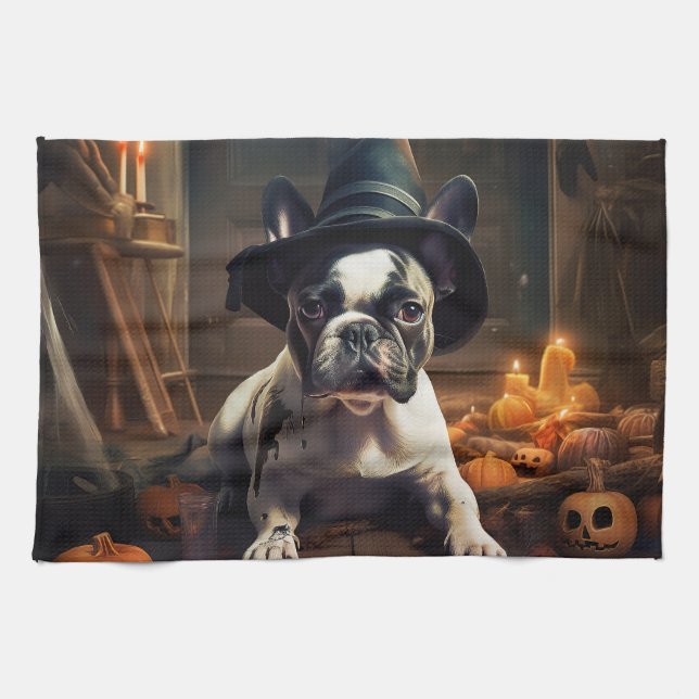 Fransk Bulldog Pumpkins Halloween Scary Kökshandduk (Horisontell)