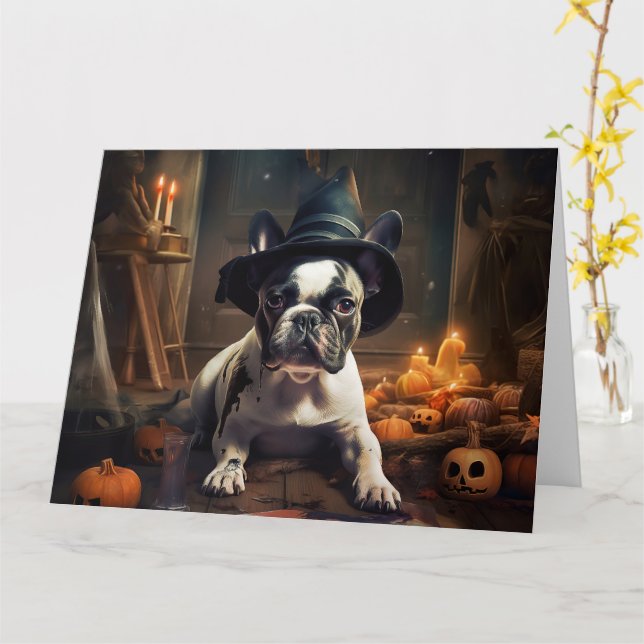 Fransk Bulldog Pumpkins Halloween Scary Kort (Gul blomma)