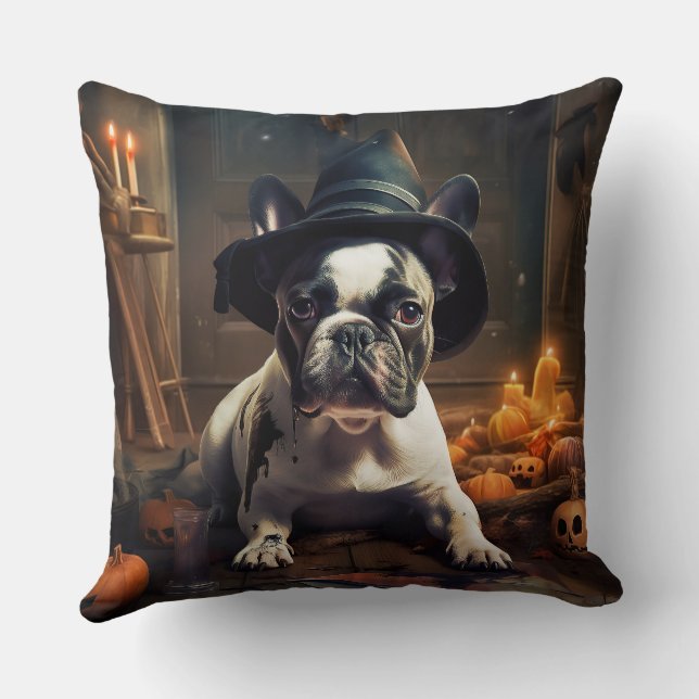 Fransk Bulldog Pumpkins Halloween Scary Kudde (Baksida)