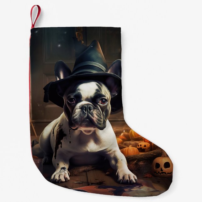 Fransk Bulldog Pumpkins Halloween Scary Liten Julstrumpa (Framsidan)
