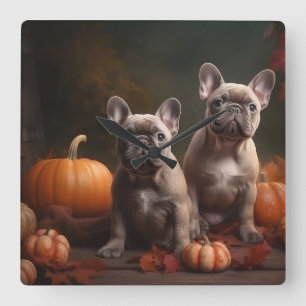 Fransk Bulldog Puppy Autumn Delight Pumpkin Fyrkantig Klocka