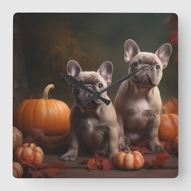 Fransk Bulldog Puppy Autumn Delight Pumpkin Fyrkantig Klocka (Framsida)