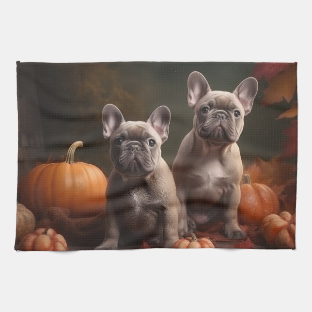 Fransk Bulldog Puppy Autumn Delight Pumpkin Kökshandduk (Horisontell)