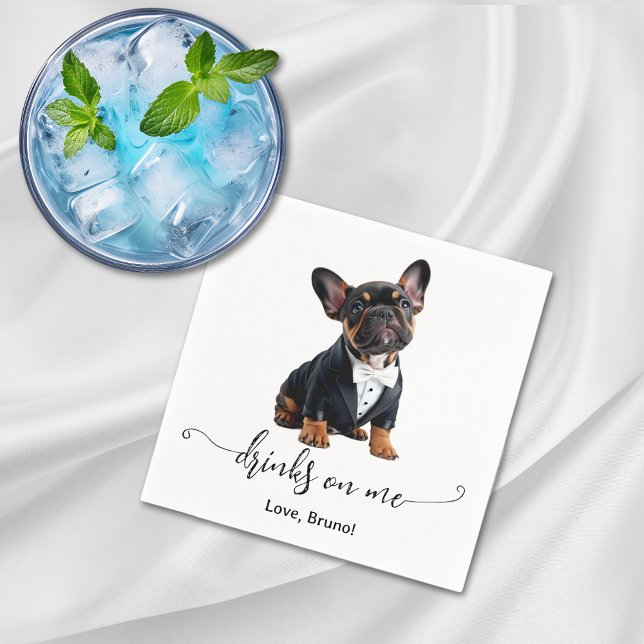 Fransk Bulldog Puppy Drinys på Me Hund Bröllop Pappersservett (French Bulldog Puppy Drinks On Me Dog Wedding Napkins)