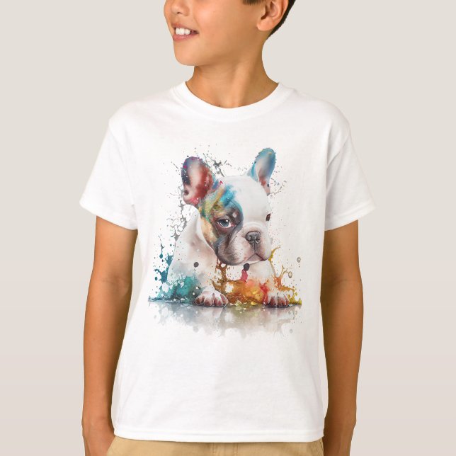 Fransk Bulldog Puppy Frenchie Watercolor Art T Shirt (Framsida)