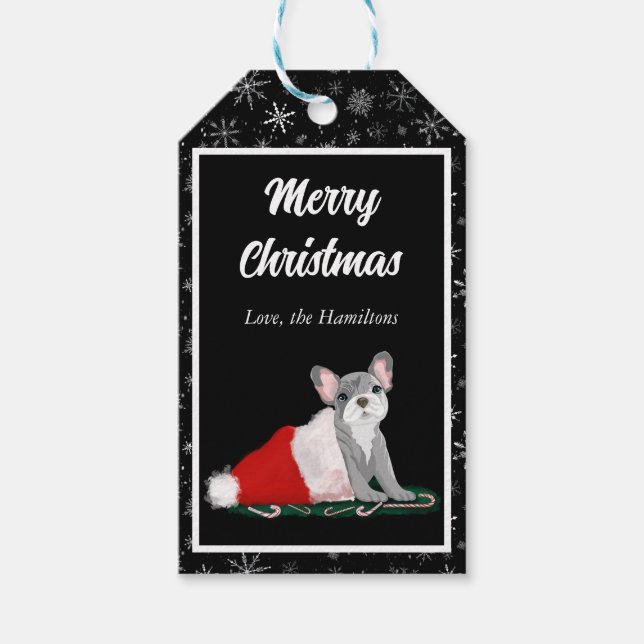 Fransk Bulldog Puppy i jultomten Presentetikett (Framsidan)