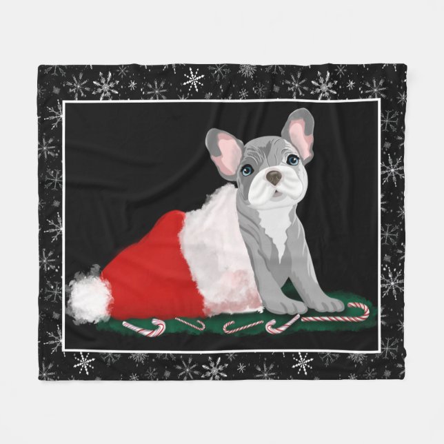 Fransk Bulldog Puppy in Santa's Hat Fleece Blanket (Framsidan (Horisontell))