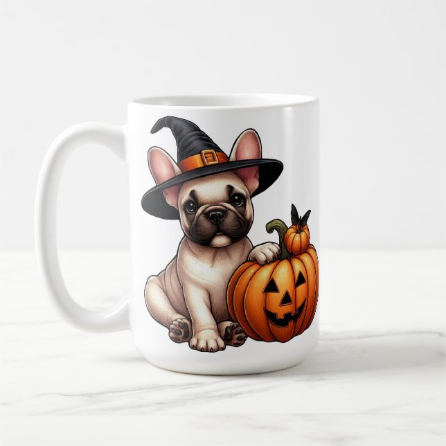 Fransk Bulldog Puppy in Witch Hat with Pumpkin Kaffemugg (Vänster)