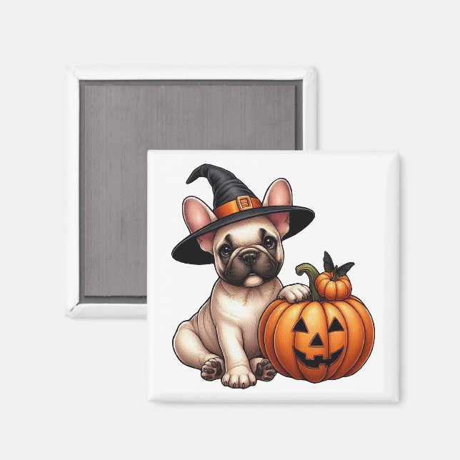 Fransk Bulldog Puppy in Witch Hat with Pumpkin Magnet (Front/Back)