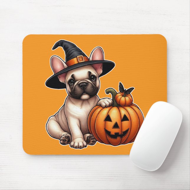 Fransk Bulldog Puppy in Witch Hat with Pumpkin Musmatta (Med mus)