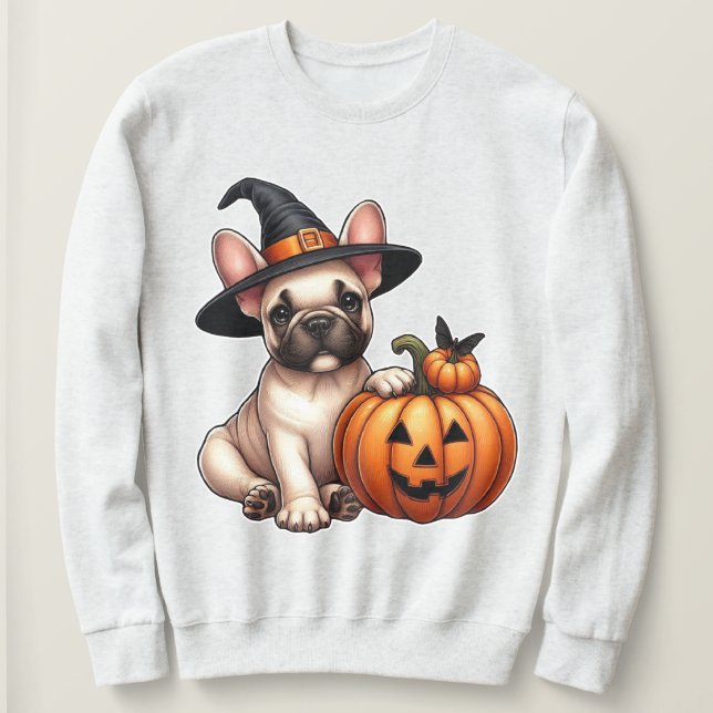 Fransk Bulldog Puppy in Witch Hat with Pumpkin T Shirt (Design framsida)