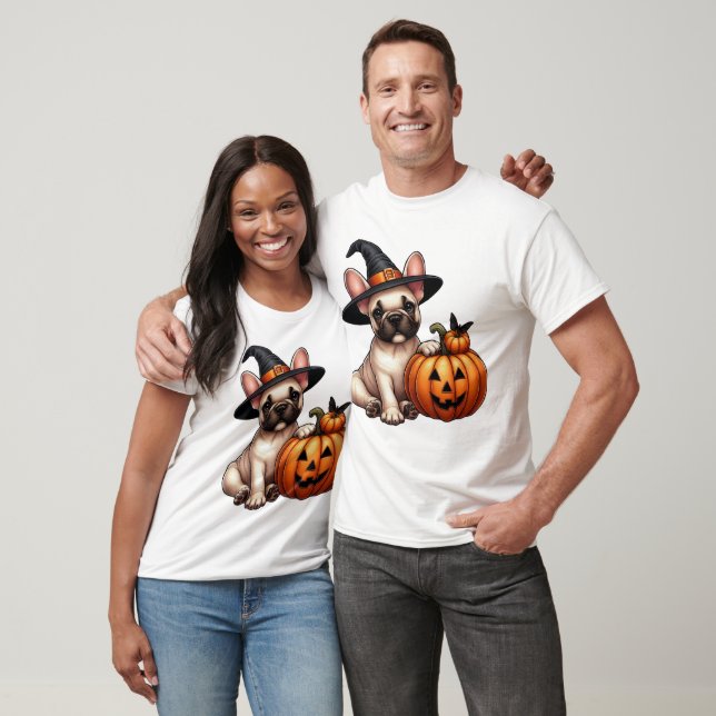 Fransk Bulldog Puppy in Witch Hat with Pumpkin T Shirt (Unisex)