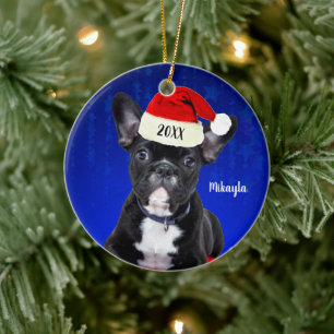 Fransk Bulldog Puppy med jultomten jul Julgransprydnad Keramik