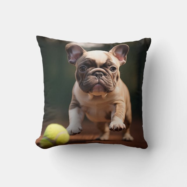 🐶 Fransk Bulldog Puppy 🎾 med Tennis boll Kudde (Framsida)
