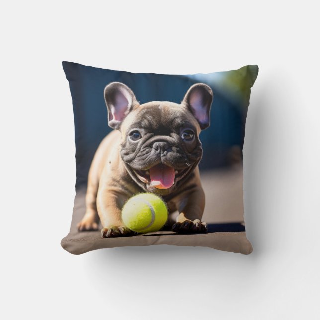 🐶 Fransk bulldog Puppy med Tennis boll Kudde (Framsida)