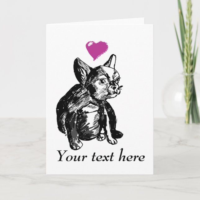 Fransk Bulldog Puppy Teckning Greeting Card Kort (Framsida)
