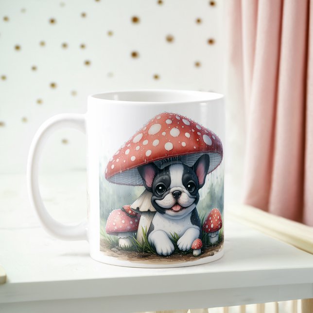 Fransk Bulldog Puppy under Mushroom Umbrella Kaffemugg (Skapare uppladdad)