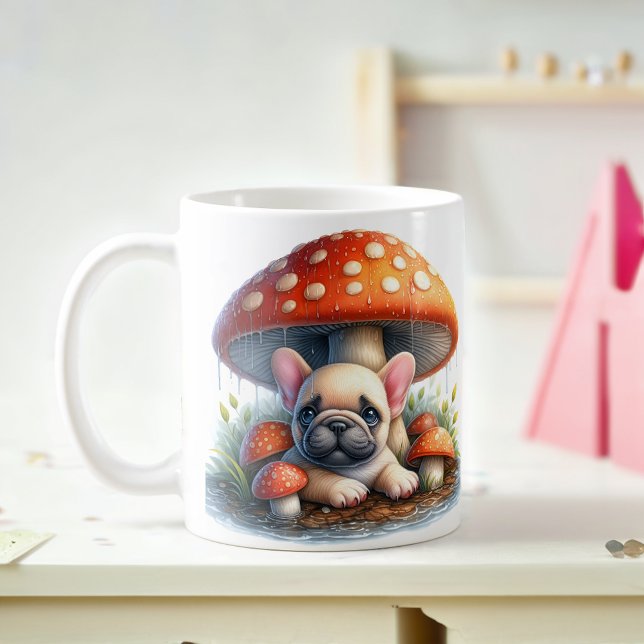 Fransk Bulldog Puppy under Mushroom Umbrella Kaffemugg (Skapare uppladdad)