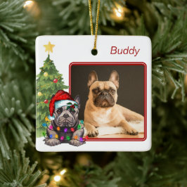 Fransk Bulldog Red White Two Photo Hund jul Julgransprydnad Keramik