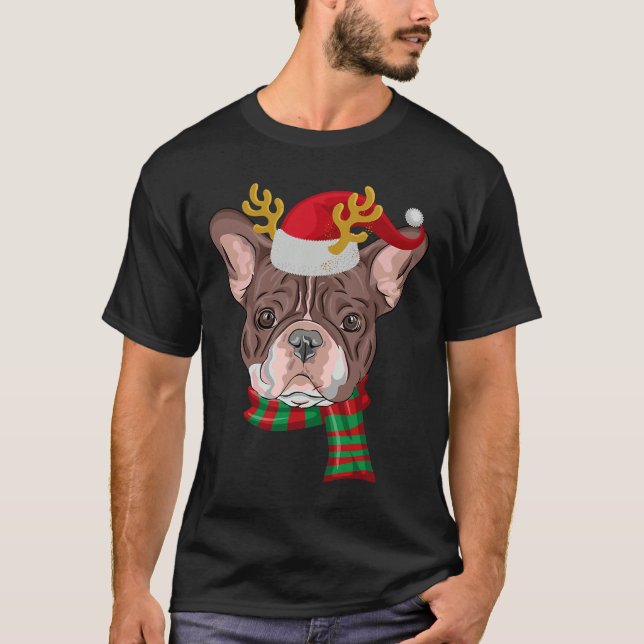 Fransk Bulldog Reindeer Santa T Shirt (Framsida)