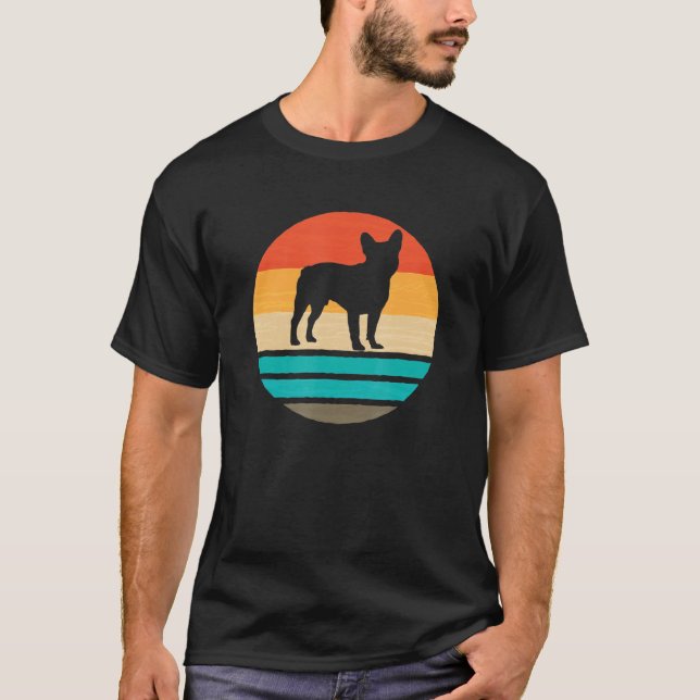 Fransk Bulldog Retro Sunset Hund Silhouette T Shirt (Framsida)