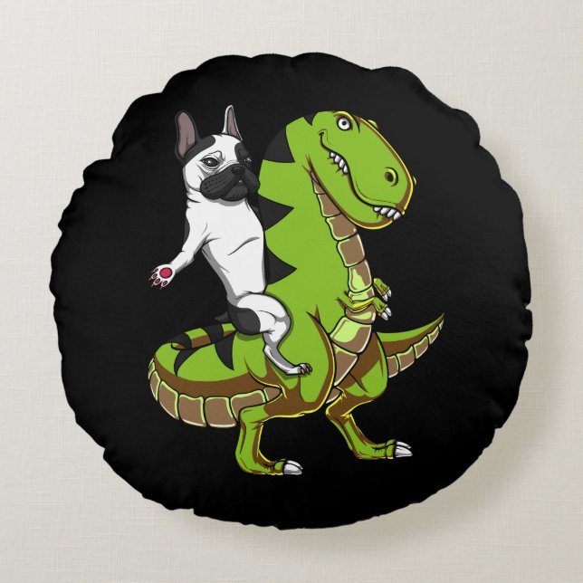 Fransk Bulldog Riding T-Rex Dinosaur Rolig hund Rund Kudde (Framsidan)